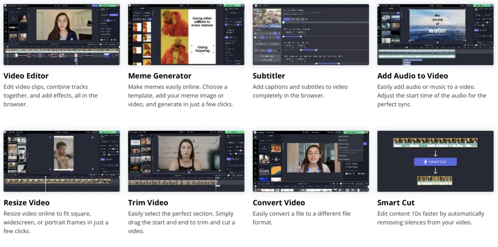Quelques-uns des outils disponibles sur Kapwing.